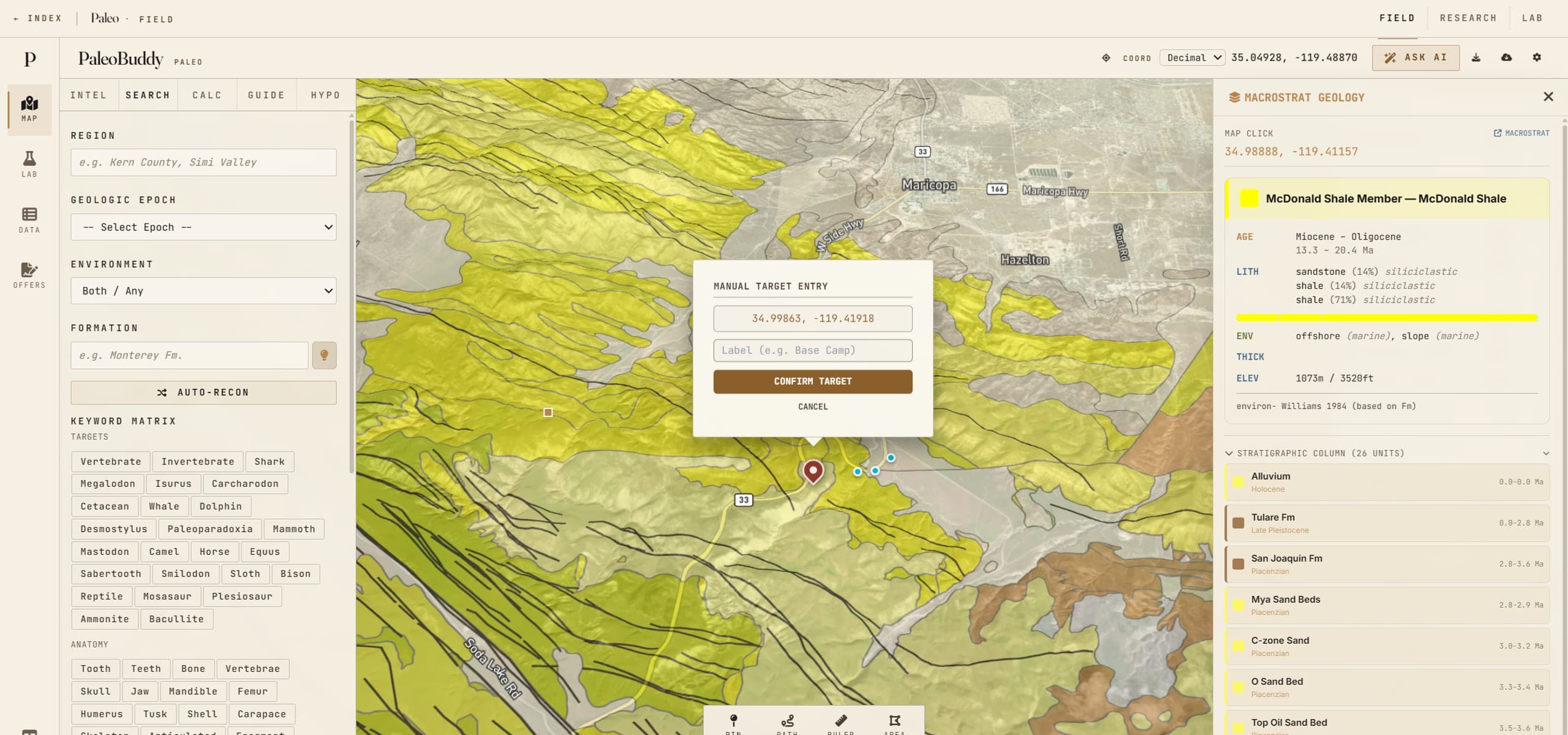 PaleoBuddy, a live field research app at paleobuddy.app, showing its geologic map alongside a stratigraphic column