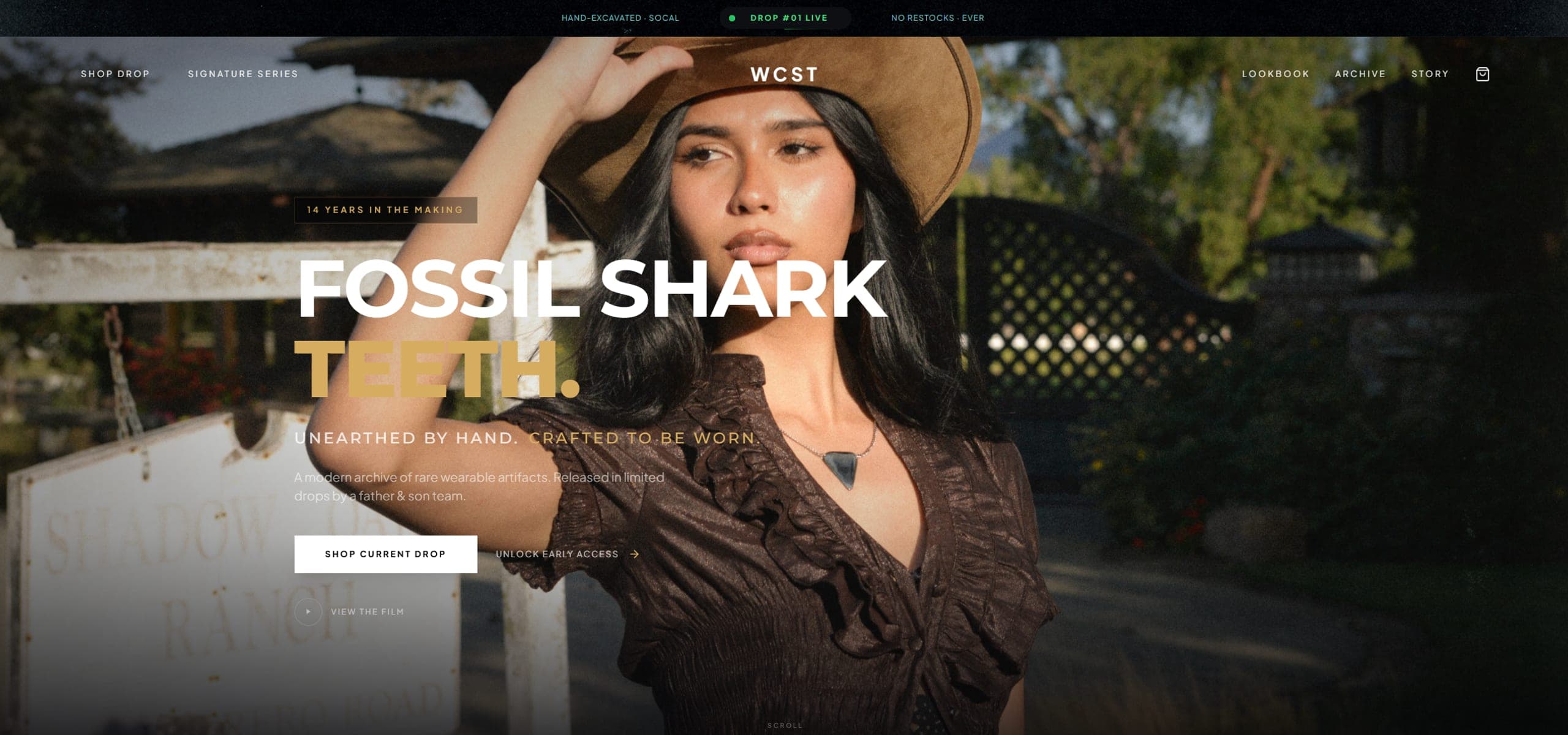Westcoast Sharkteeth, a custom Shopify jewelry store at westcoastsharkteeth.com, showing its fossil shark teeth campaign hero
