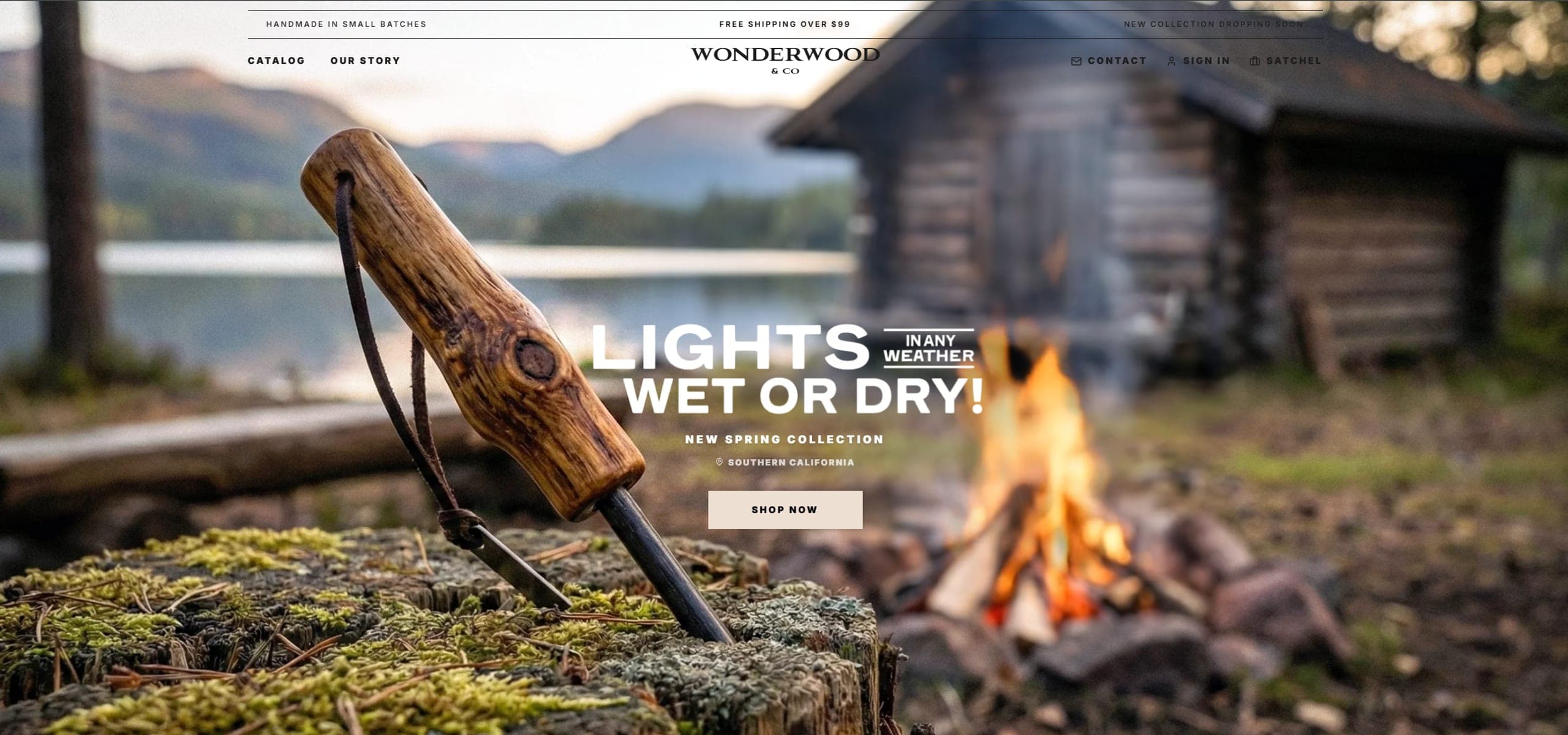 Wonderwood and Co, a live outdoor goods brand at wonderwood.camp, showing its campfire storefront hero